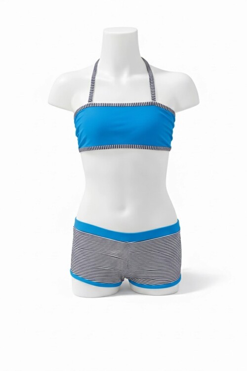 Kız Çocuk Mavi Siyah Çizgili Şortlu 4-12 Yaş Straplez Bikini Takım HZL24S-LC9034