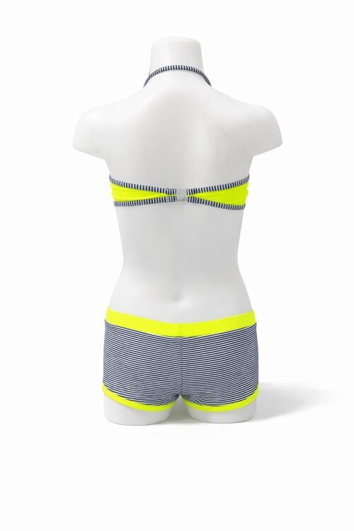 Kız Çocuk Neon Sarı Siyah Çizgili Şortlu 4-12 Yaş Straplez Bikini Takım HZL24S-LC9034