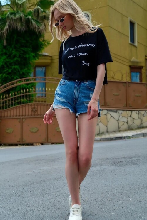 3 Lü Yazı Baskılı T-shirt Siyah